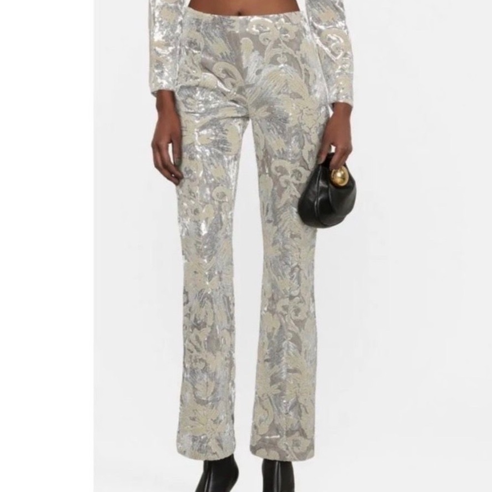 Maje Paneli Velvet Floral Sequined Pants in silver size 36/S